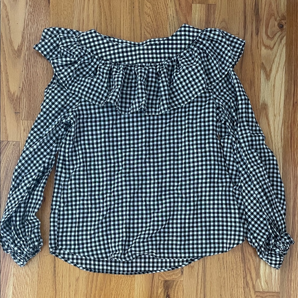 Zara Black and White Checkered Ruffle Blouse
